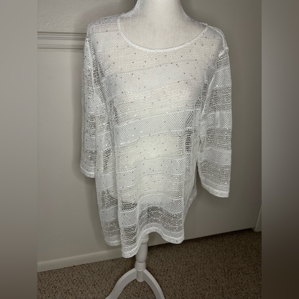 Chico's Travelers Sierra White Sequin Asymmetrical Slit Hem Tunic Top Sz 3 XL